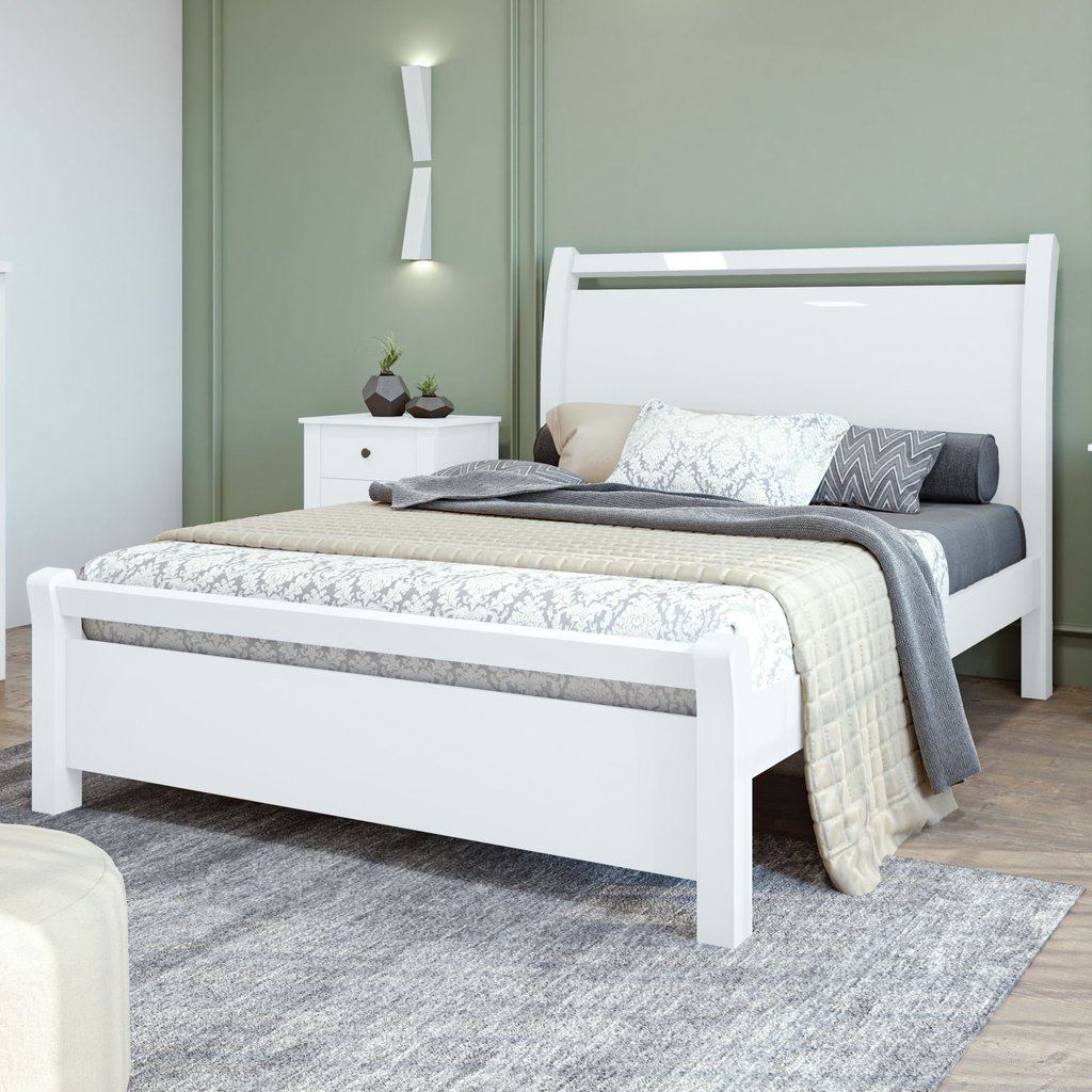 Cama de Casal Cabeceira com Detalhes Curvos Madeira Reali Branco Branco