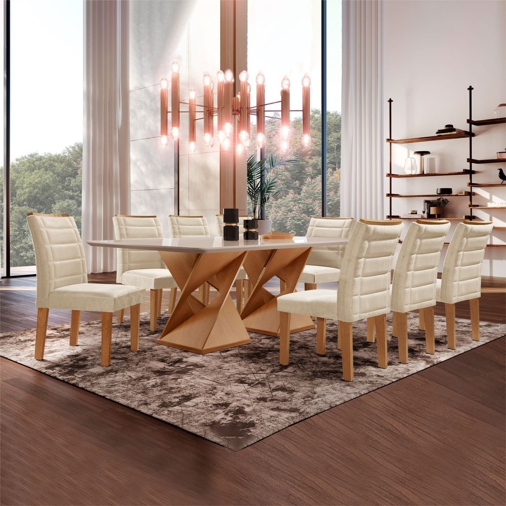 Conjunto Sala de Jantar Genova Tampo Vidro/mdf com 8 Cadeiras Genova Smart Plus Cinamomo/Off White/Bege