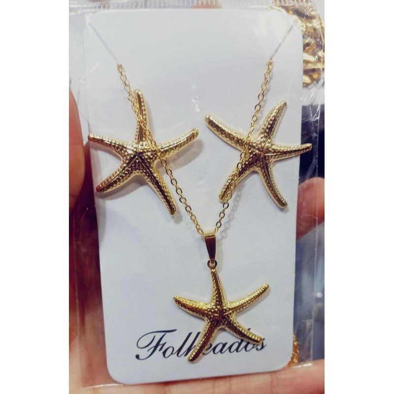 Colar e Brincos Estrela-do-Mar Leve o encanto do mar para o seu look Elegante, Conjunto Folheado Dourado e Prata