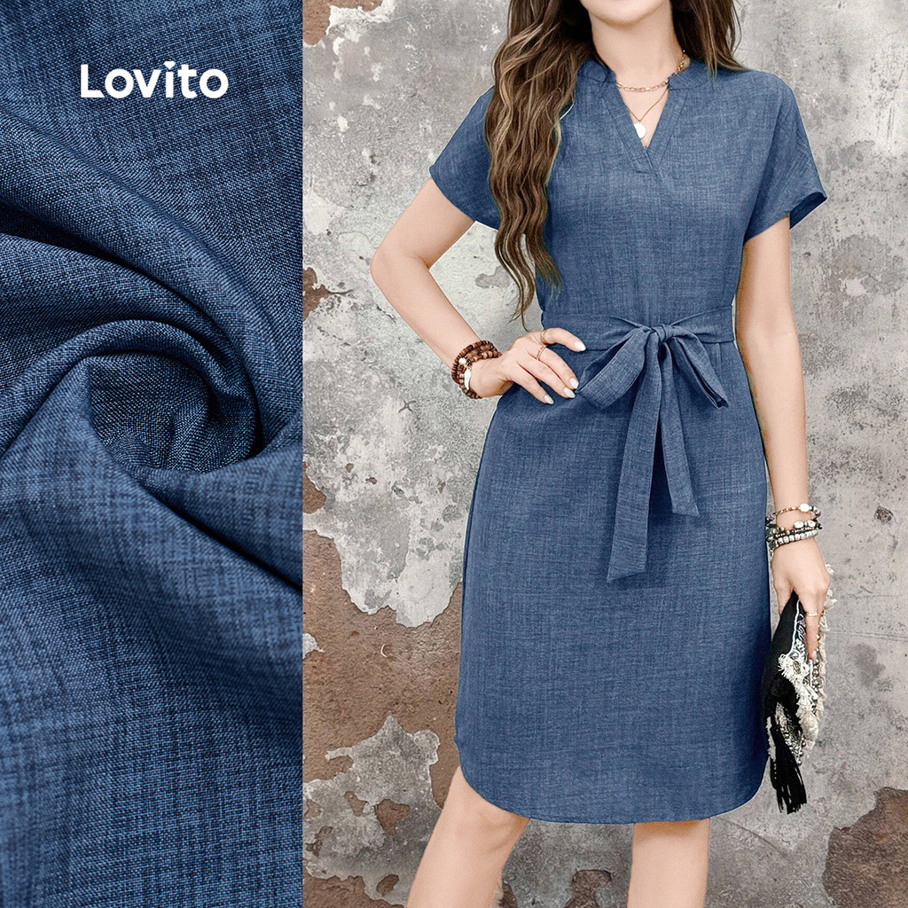 Lovito Casual Vestido com Cinto para Primavera/verão Azul para Mulheres LBL29086