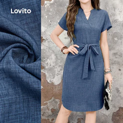 Lovito Casual Vestido Midi com Cinto para Primavera/verão Azul para Mulheres LBL29086