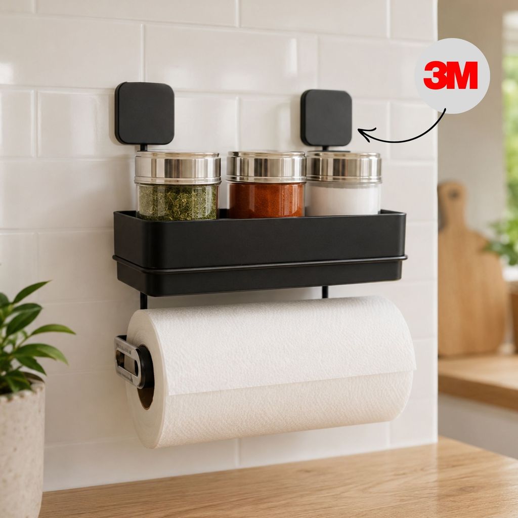 Porta Papel Toalha de Parede com Suporte para Temperos Pastilha Preto Organizador Cozinha