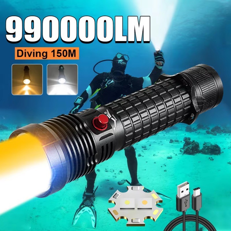 990000LM Nova Lanterna Profissional De Mergulho Com Luz Branca + Amarela Dupla 2 Em 1 Recarregável IPX8 Tocha Bateria Em