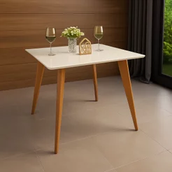 Mesa de Jantar Tampo em MDF com Vidro Quadrada 90x90cm Slim Bege Off White
