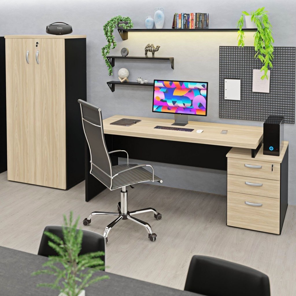 Conjunto Mesa Pedestal e Armário Alto para Escritório Carvalho Preto Carvalho/Preto
