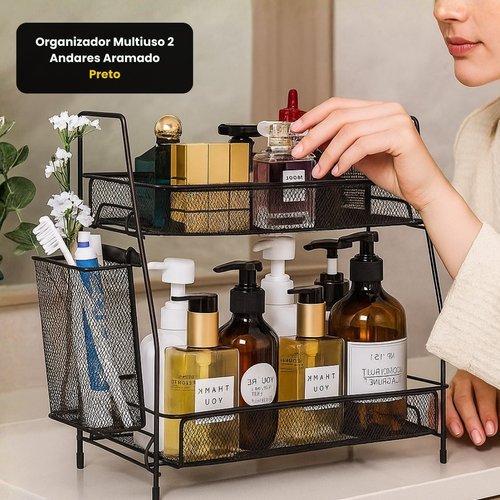Organizador Aramado Preto Multiuso Duas Camadas Otimiza Espaço Prateleira Modular