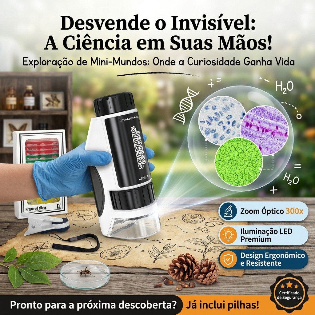 Mini Microscópio Digital de Mão Kids 50x-300x: Lupa Escolar com LED e Foco Ajustável - Presente Criativo e Educativo