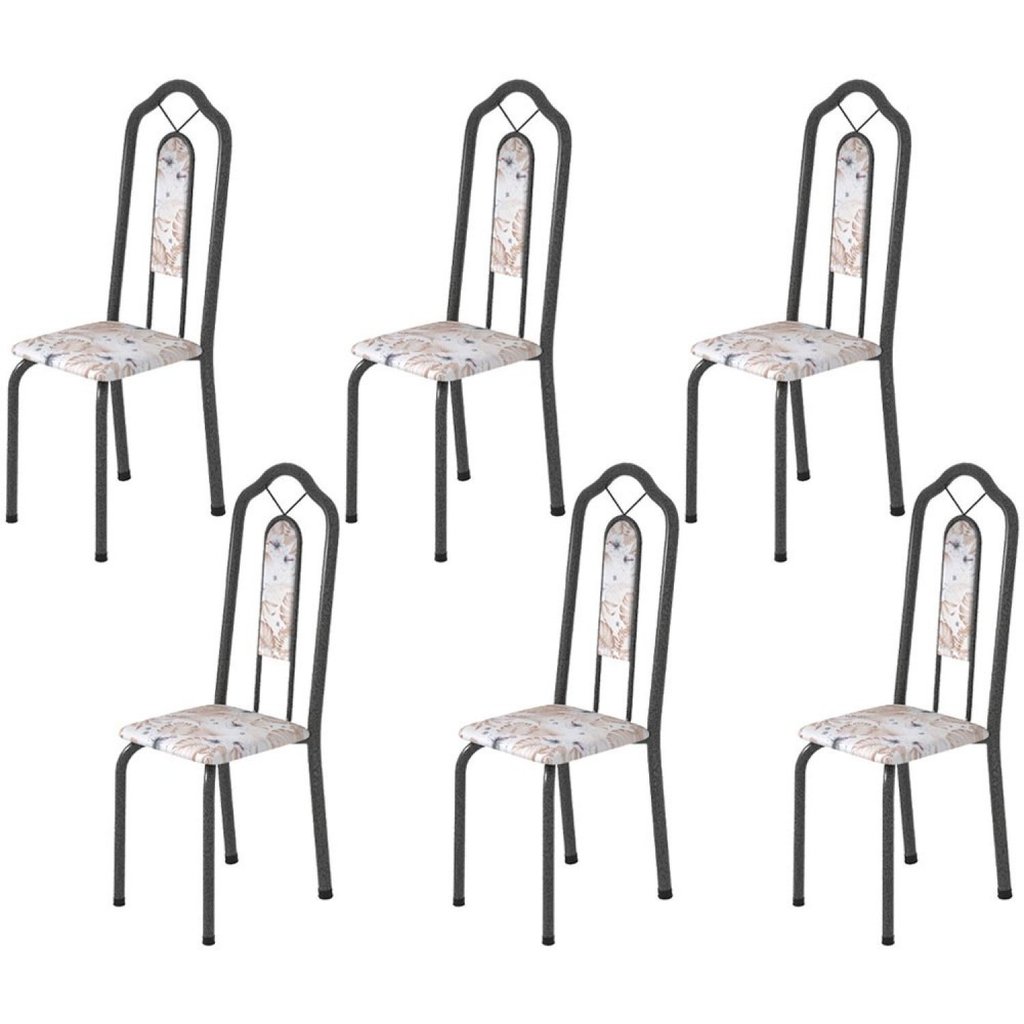 Kit 6 Cadeiras Tubular Bianca Prata/Martelado/Botanic Bege Martelado Prata/Botanic Bege