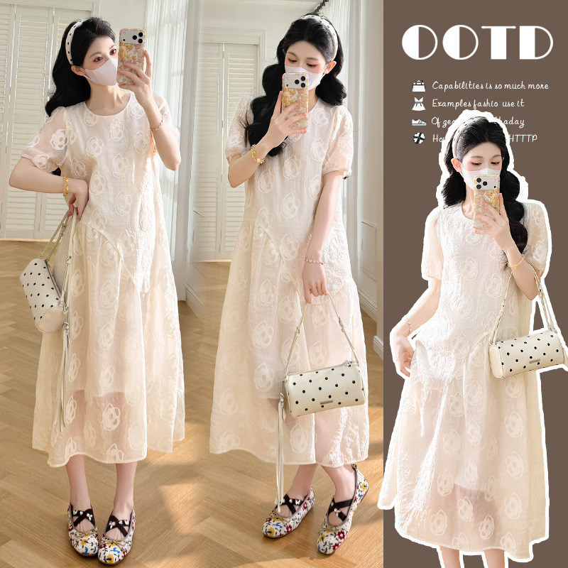 Vestido De Maternidade Verão 2026 Suave Elegante Temperamento Flor Bordado Manga Curta Branco Para Mulheres Grávidas