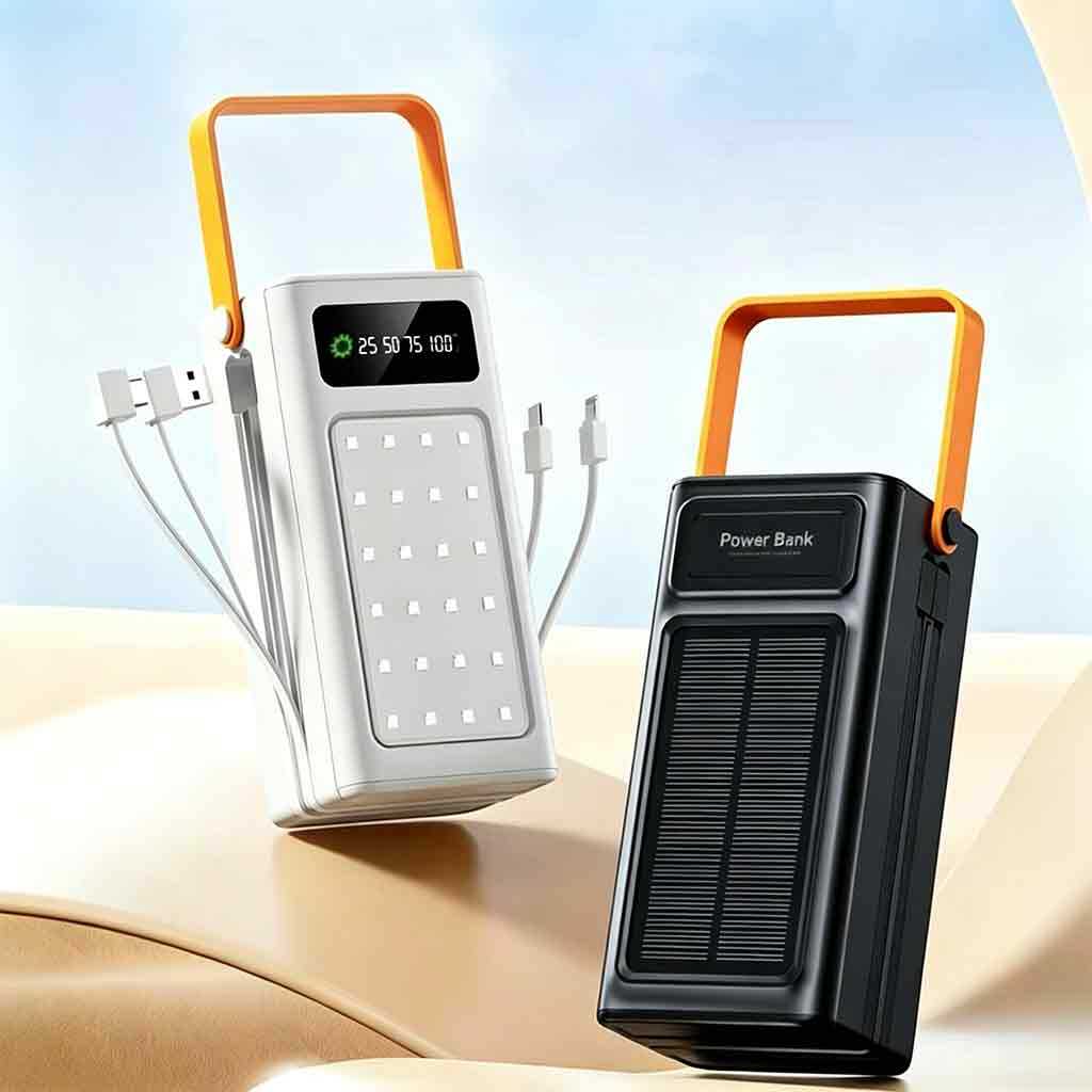 Power Bank 50000mAh com Carregamento Solar Incluso - Carregador Portátil à Prova d'Água para Viagem, Camping Emergências