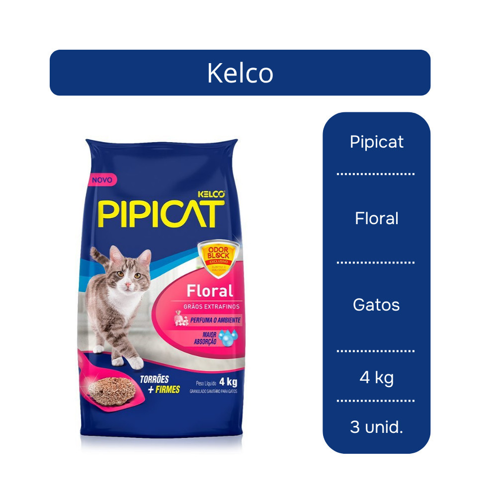 Areia Sanitária Pipicat Floral Granulado Extrafino Kelco 4kg - 3 Unid.