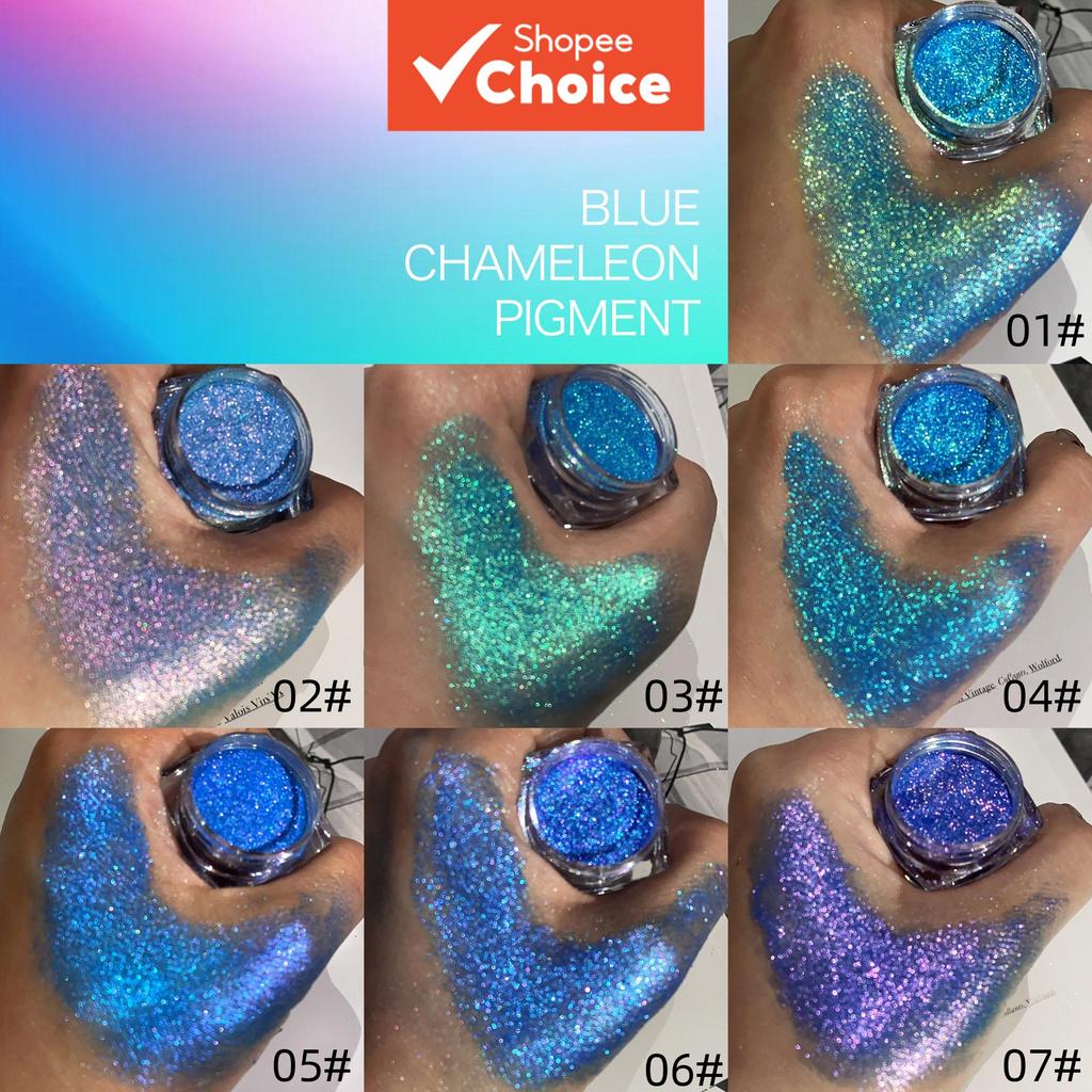 Disponível em sete cores Pigmento de Sombra para Olhos Camaleão Azul Mica com Glitter