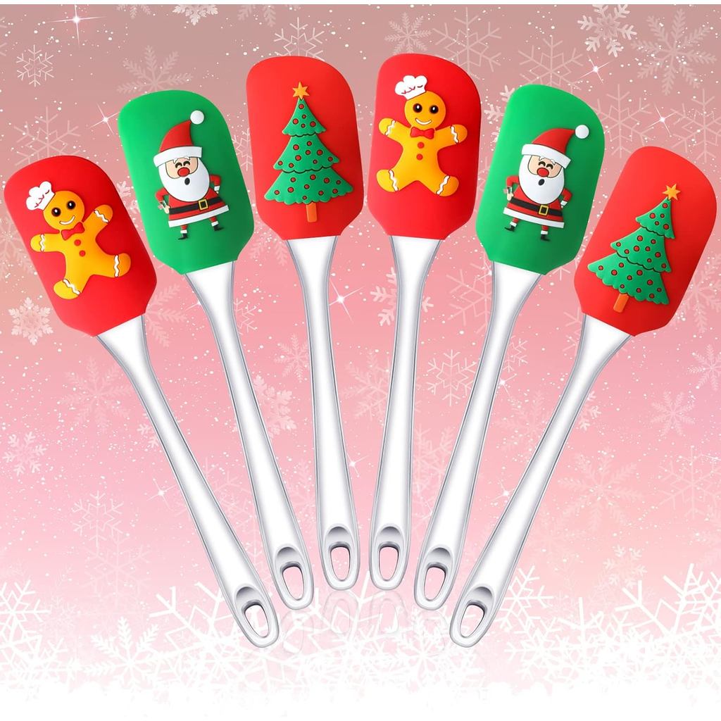 6 Espátulas de Silicone de Natal Vermelhas e Verdes com Cabo de Madeira, Espátulas em Forma de Boneco de Gengibre para C