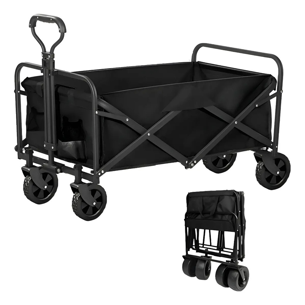 Carrinho Dobrável Zip Home Preto Alumínio 4 Rodas Para Camping e Praia 120kg