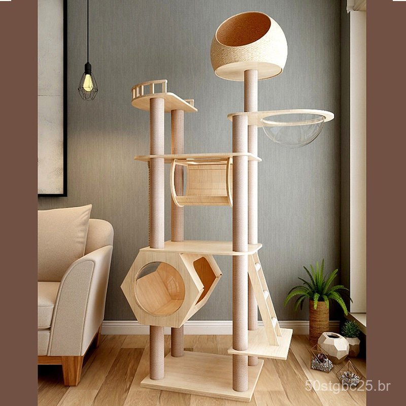 Árvore para gatos totalmente em madeira maciça, estrutura de escalada para gatos, casinha para gatos, grande casinha de