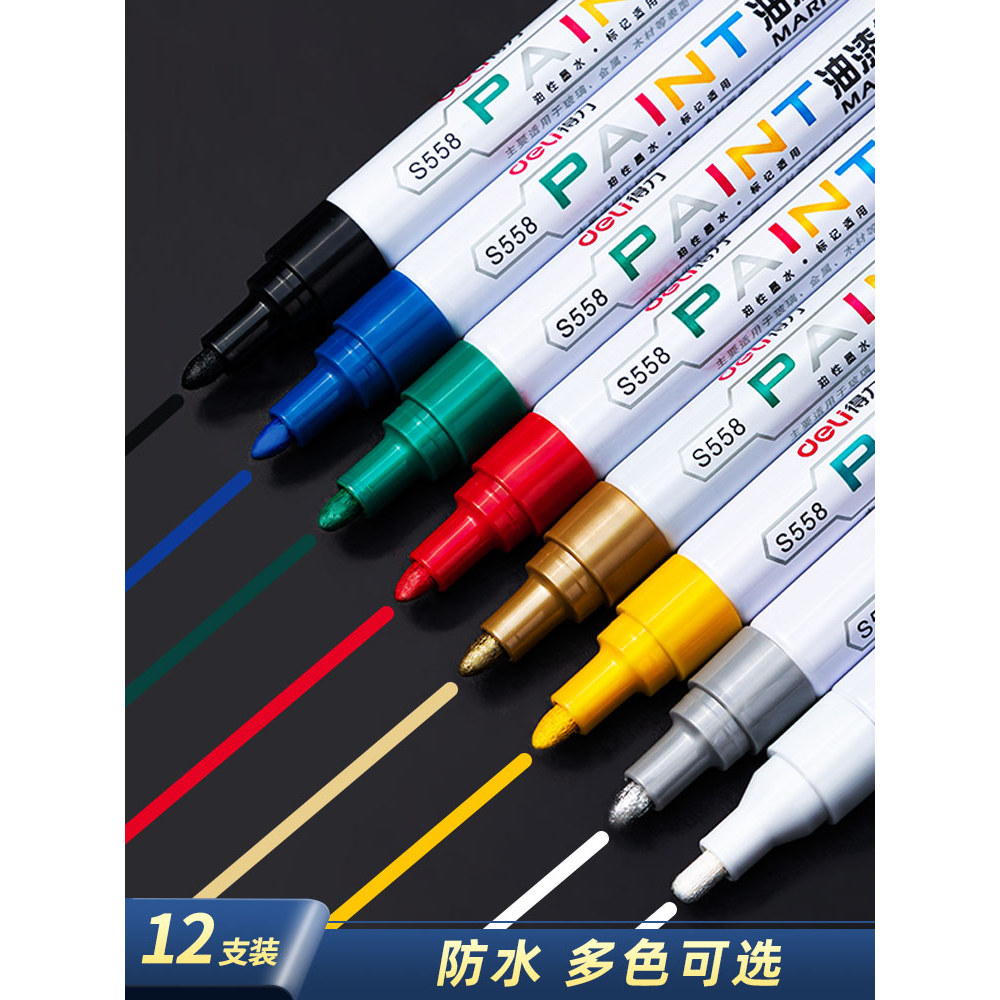 Deli Inscrição Touch-Up Paint Pen Caneta de tinta Caneta de pneu DIY à prova d'água não desbotada Marcador branco Marcad