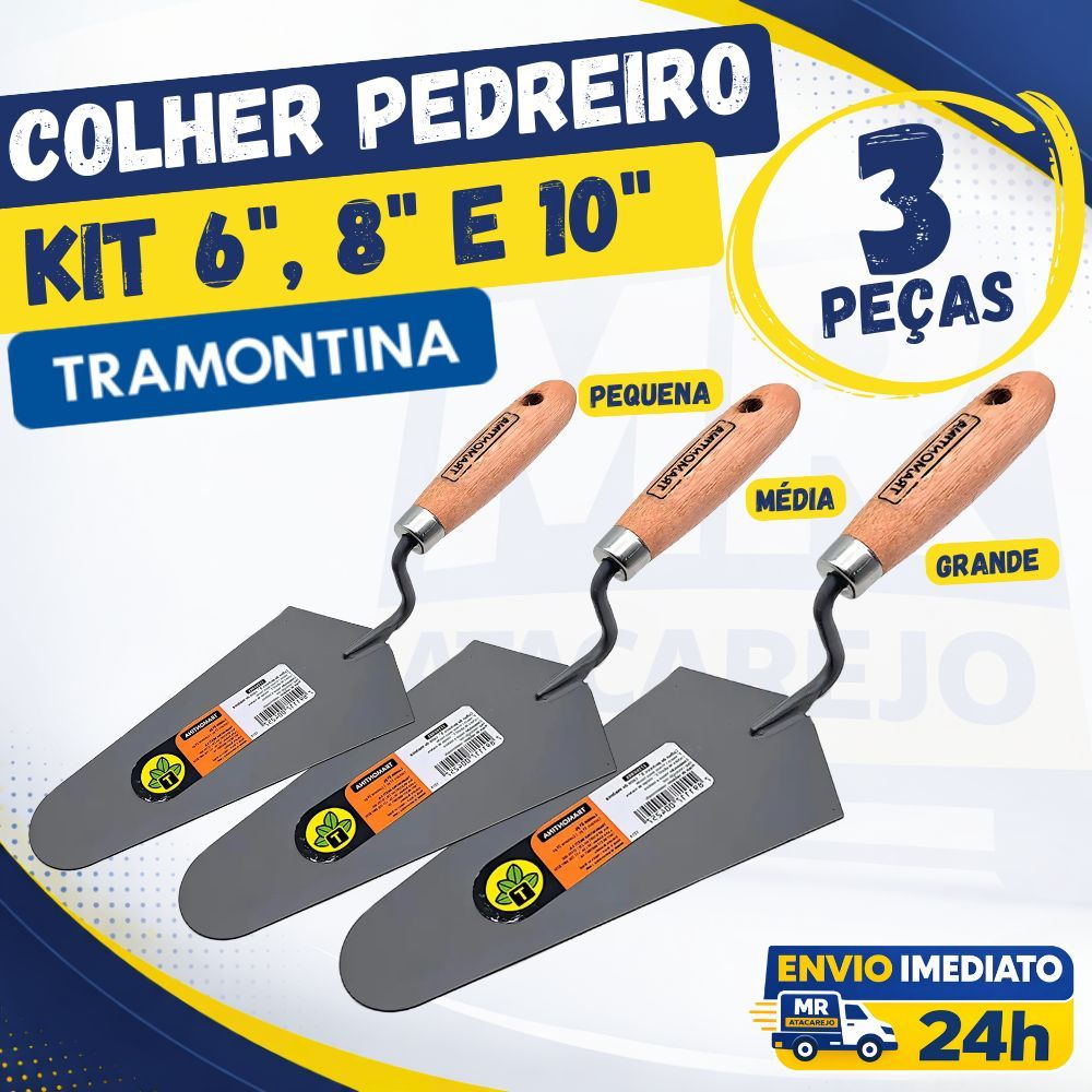 Kit Colher de Pedreiro Tramontina Colher de Pedreiro Profissional 6" 8" e 10" Canto Reto Grande Aço