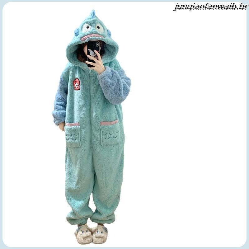 Pijama De Lã Coral Com Capuz De Tubarão De Desenho Animado Feminino Inverno Engrossado Quente Roupão De Uma Peça Roupa D
