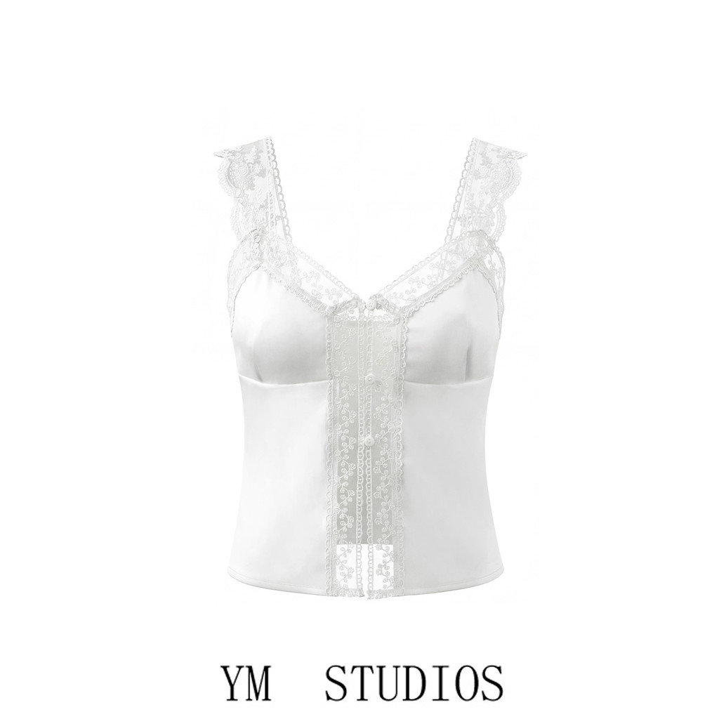 Europeu europeu americano feminino francês Blogger estilo renda costura cetim camisola feminina único Breasted branco to