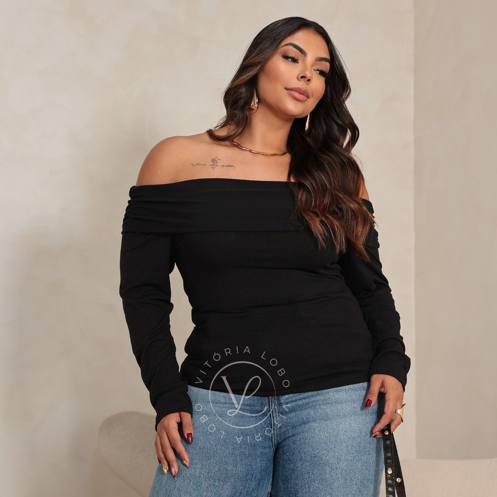 Blusa Plus Size Manga Longa Feminina Inverno Ombro a Ombro Estilosa