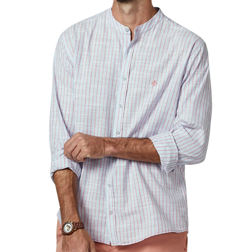 Camisa Dudalina Masculina Comfort Slub Cotton Listrada Rosa / Azul Claro