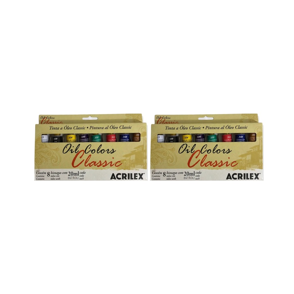 2 Kit de Estojos De Tinta A Oleo Acrilex Oil Colors 20ml 8 Bisnaga Cobertura Pigmentação Resistência