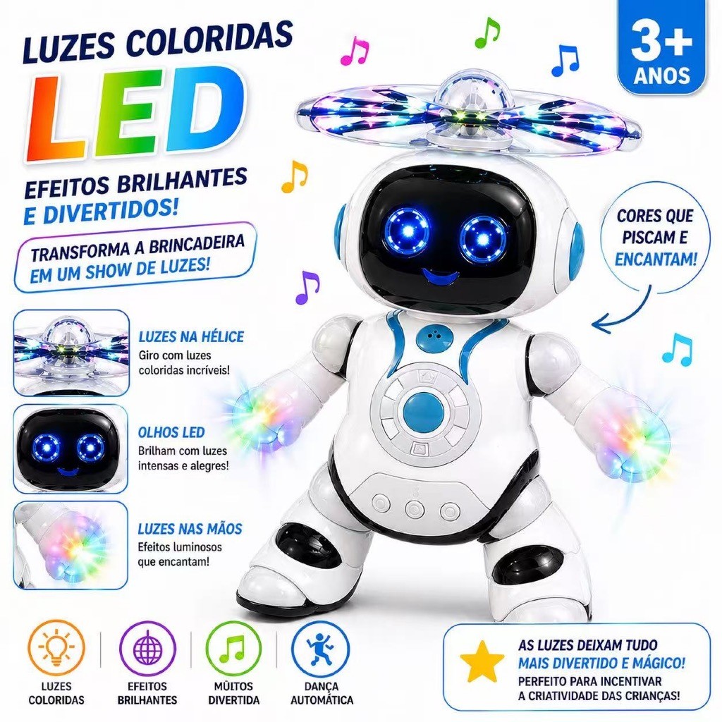 Brinquedo Robô Dançarino Musical Infantil com Luzes 3D Brinquedo, Sons, Gira 360°, Dança e Emite Luz