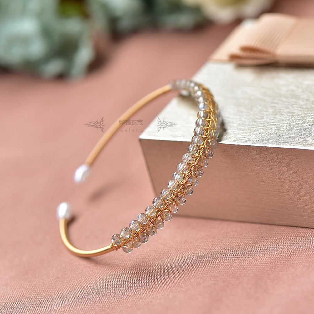 [Estoque pronto] Pulseira de luar cinza Natural 14K ouro azul luar pulseira aberta Labradorite pulseira WJG