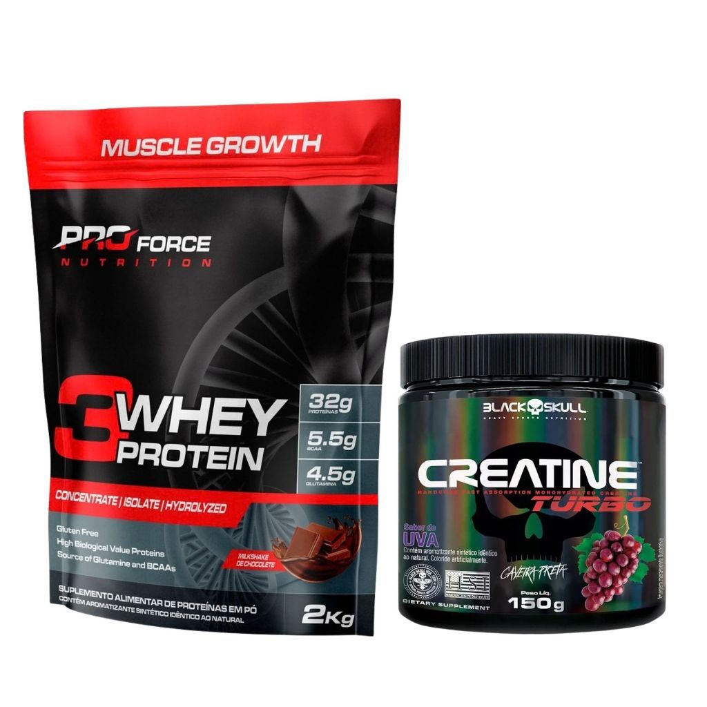 Kit Whey Protein 2kg 3Whey Pro Force + Creatina 150g Black Skull