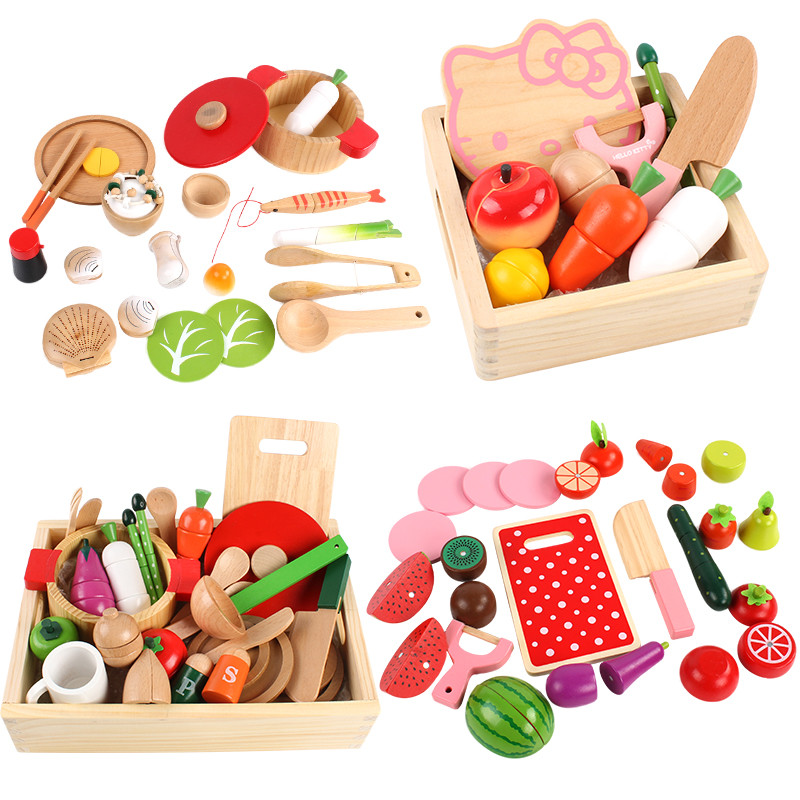 Simulação bolo vegetal corte magnético cortar ver caixa de madeira saco de pano corte de frutas música brinquedo de made