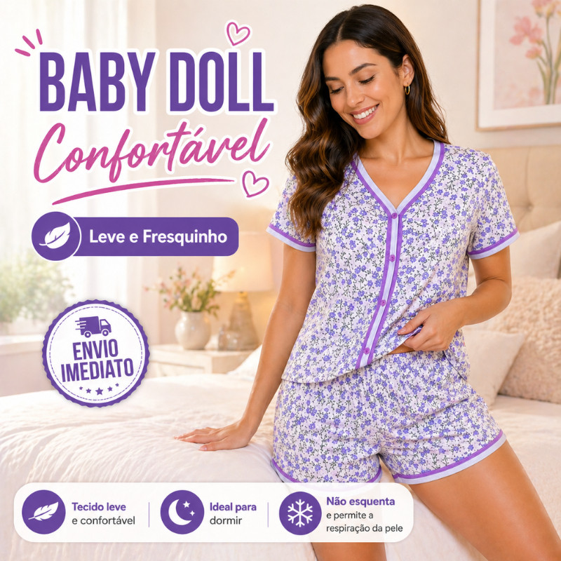 Baby Doll Feminino Pijama Curto Estampado Leve Confortável Short e Blusa Verão Roupa de Dormir |380| Pronta Entrega