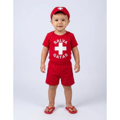 Body Bebê Fantasia Salva Gatas + Boina e Shorts