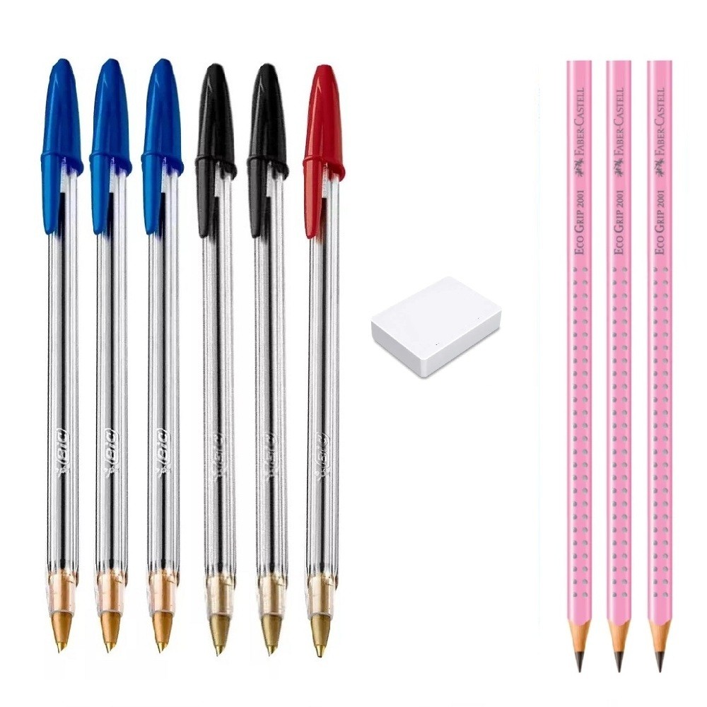 Kit Escolar 3 Lapis Faber 2b s/borracha 1 Borracha e 6 Canetas Bic