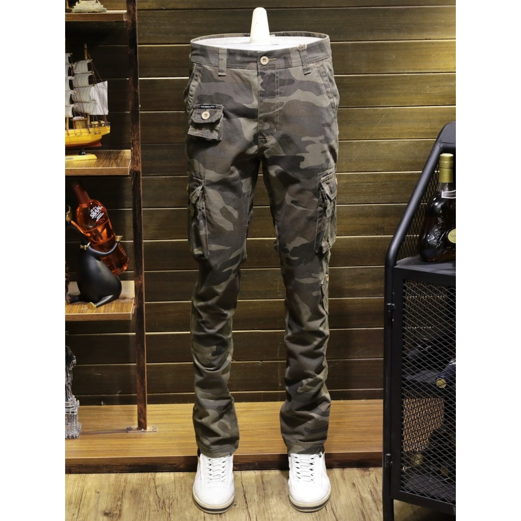 Primavera outono camuflagem macacão Jeans masculino fino-ajuste pés pequenos Street Wear Casual calças compridas em linh