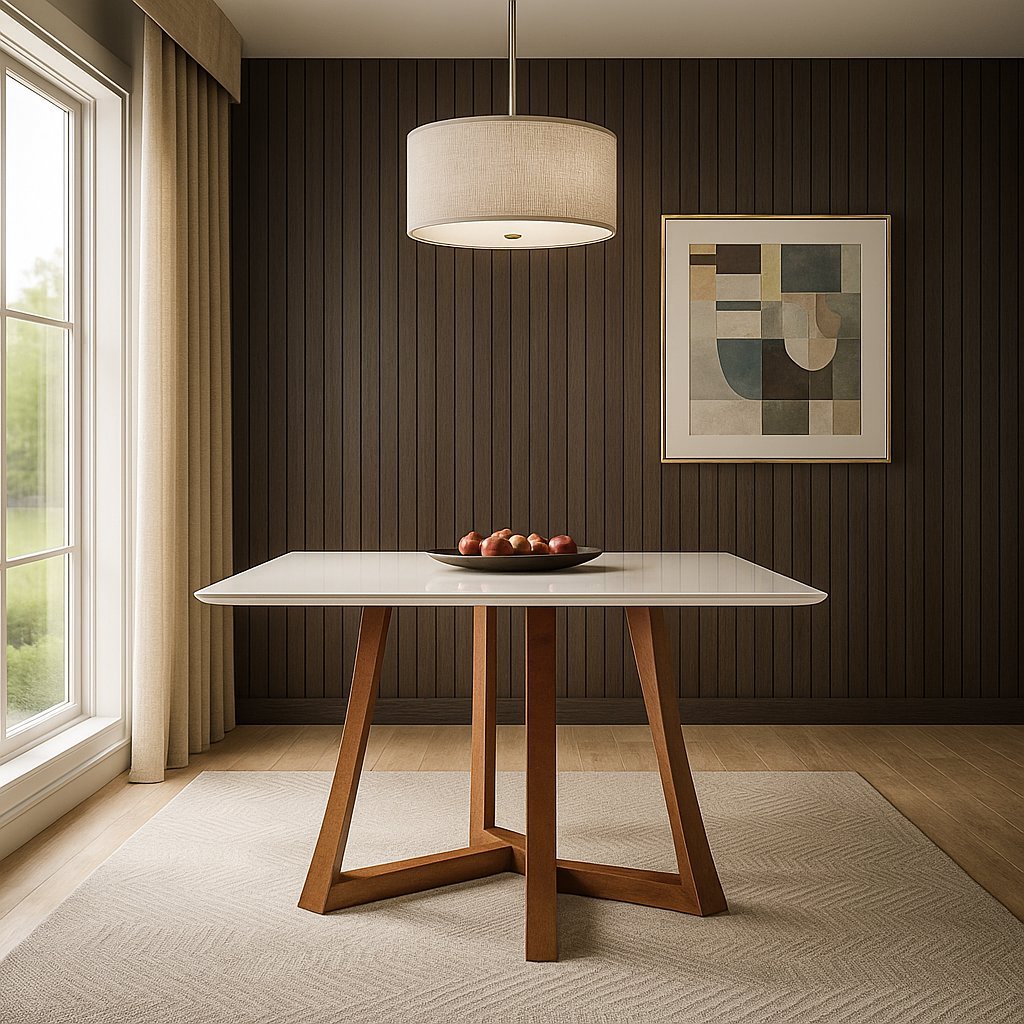 Mesa 4 Lugares Madeira Maciça com Vidro Canto Arredondado 136x90cm Jantar Anna Âmbar/Off White