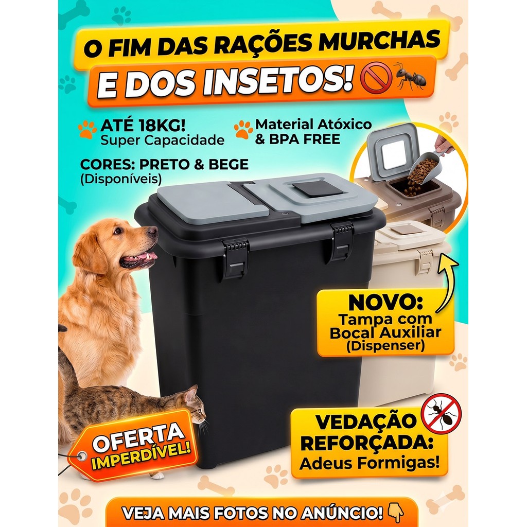 Dispenser Porta Ração Conteiner 35l Até 18kg Mec Pet Livre Bpa Atoxico C/ Tampa