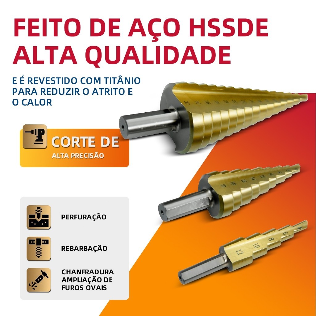 Jogo de 3 Brocas Escalonadas em Aço Titânio HSS - Conjunto de Brocas Cônicas de Alta Performance · foto 2