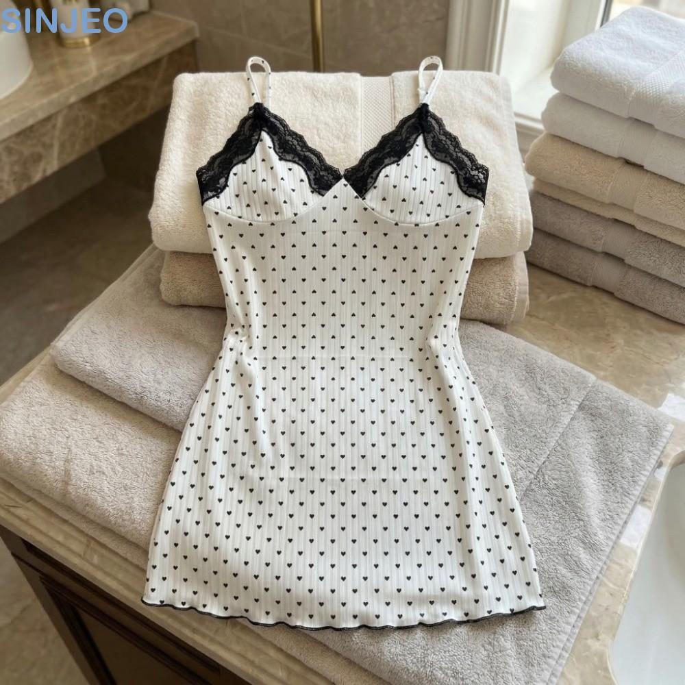 Desce Camisola Com Acabamento Em Renda , Suspensório Amor Coração Estampado Vestido De Pijama Feminino , Macio