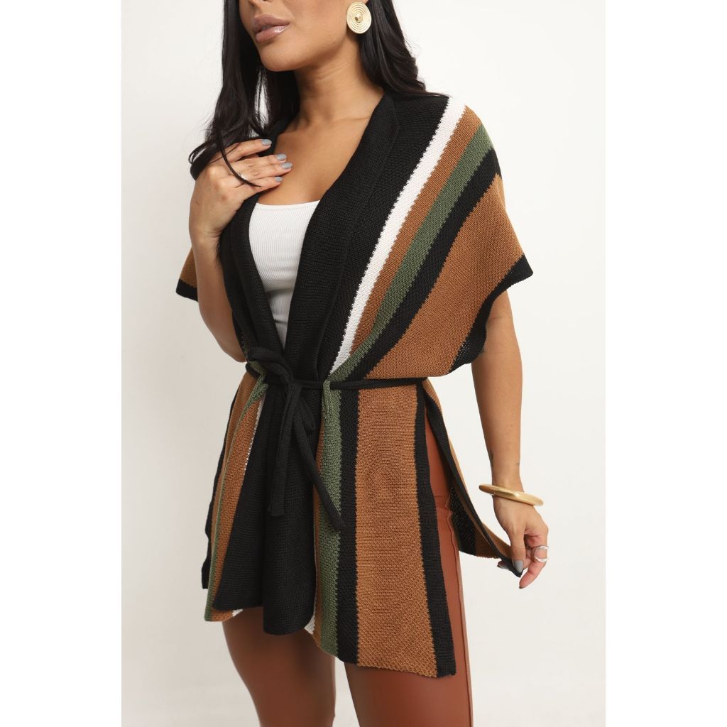 Capa Poncho Xale ajustável Blusa Feminina elegante com cinto Trico Manga Longa Inverno estilosa Listrada