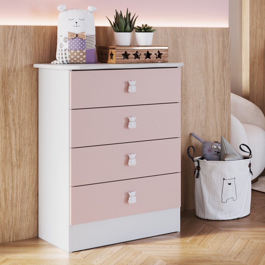 Cômoda de Bebê 4 Gavetas 1320 Baby Rosa/Branco Branco/Rosa