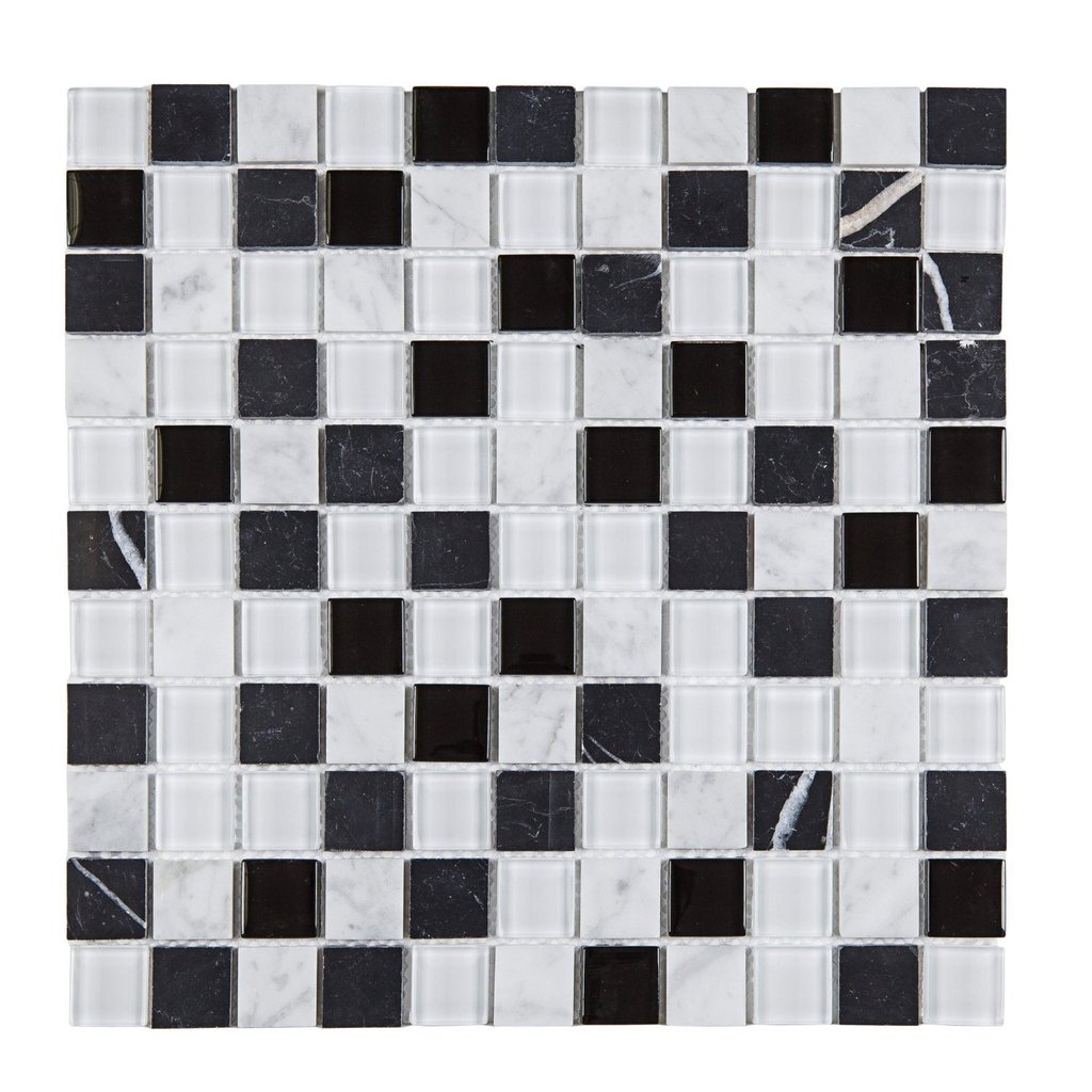 Pastilha de Vidro e Mármore de 29cm X 29cm Rende  Glass Mosaic Preto/Branco
