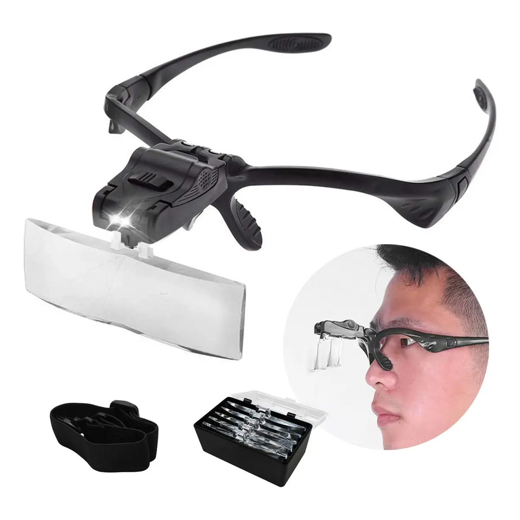 Óculos Lupa de Cabeça Com Luz Led 5 Lentes Aumento 3.5x Profissional