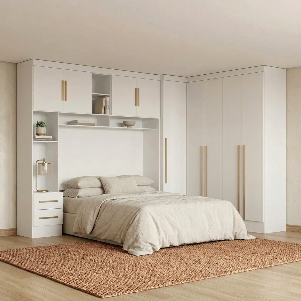 Guarda Roupa Casal Modulado 3 Peças 9 Portas 5 Gavetas com Cabeceira 100% MDF Smart Branco Branco