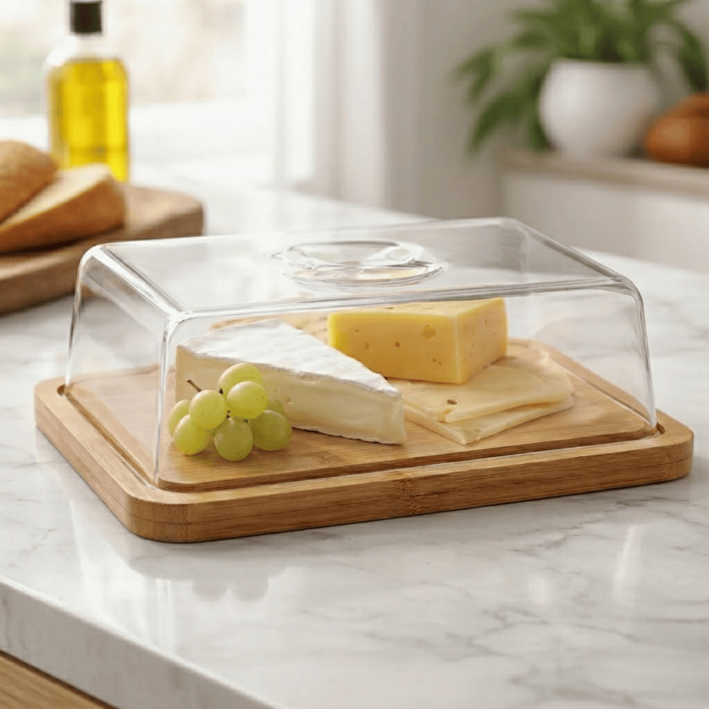 Porta Frios Queijeira de Madeira com Tampa Acrílica Elegante Transparente para Mesa Posta Organização do Café da Manhã