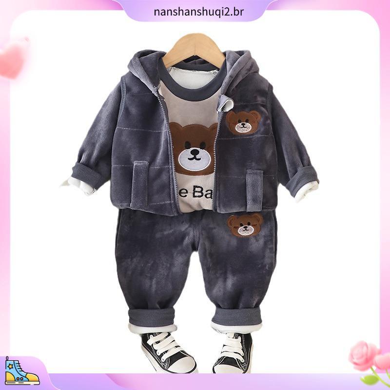 Crianças Primavera/Outono Plush Terno Quente Menino Astronauta T-shirt+Colete De Capuz+Calça 3 Peças 0-4 Anos