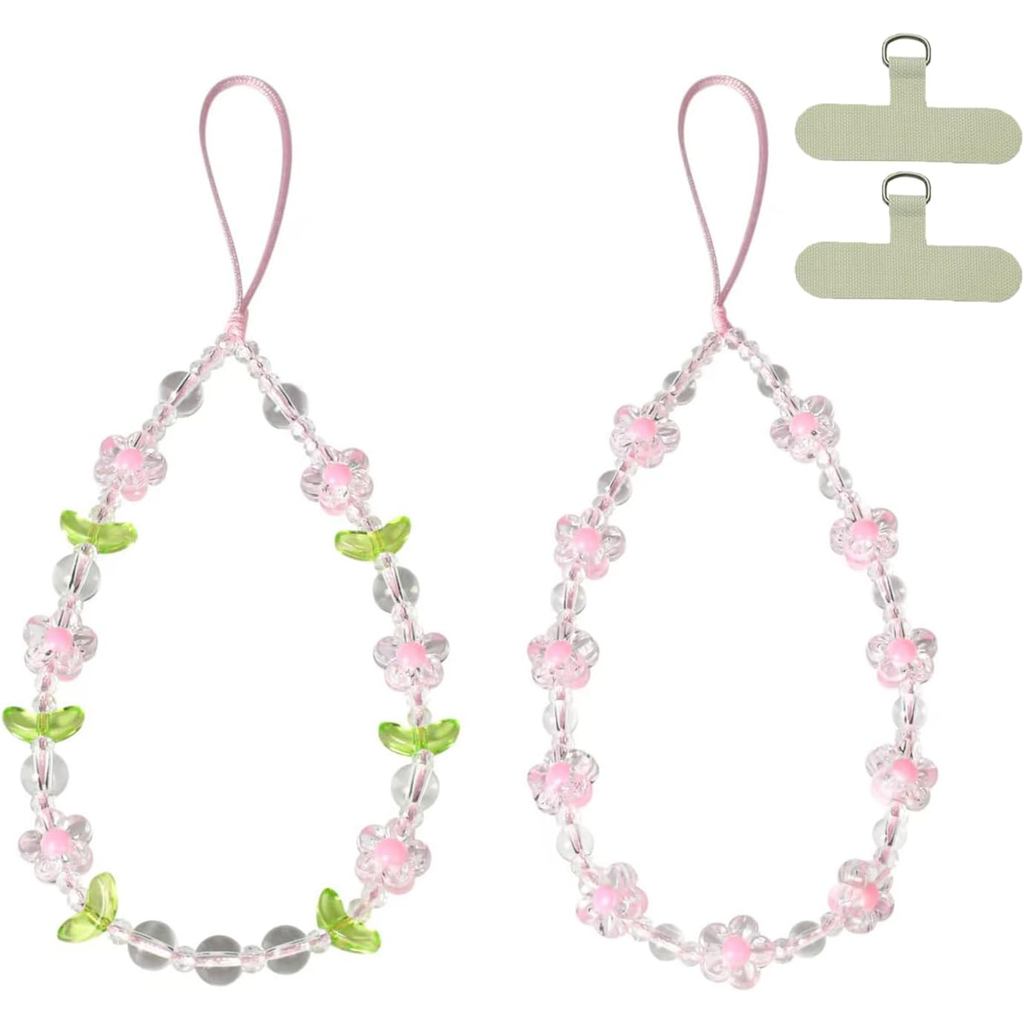 2 peças de alças decorativas com flores para celular, chaveiro, bolsa - Cordão de cristal com miçangas para celular e al