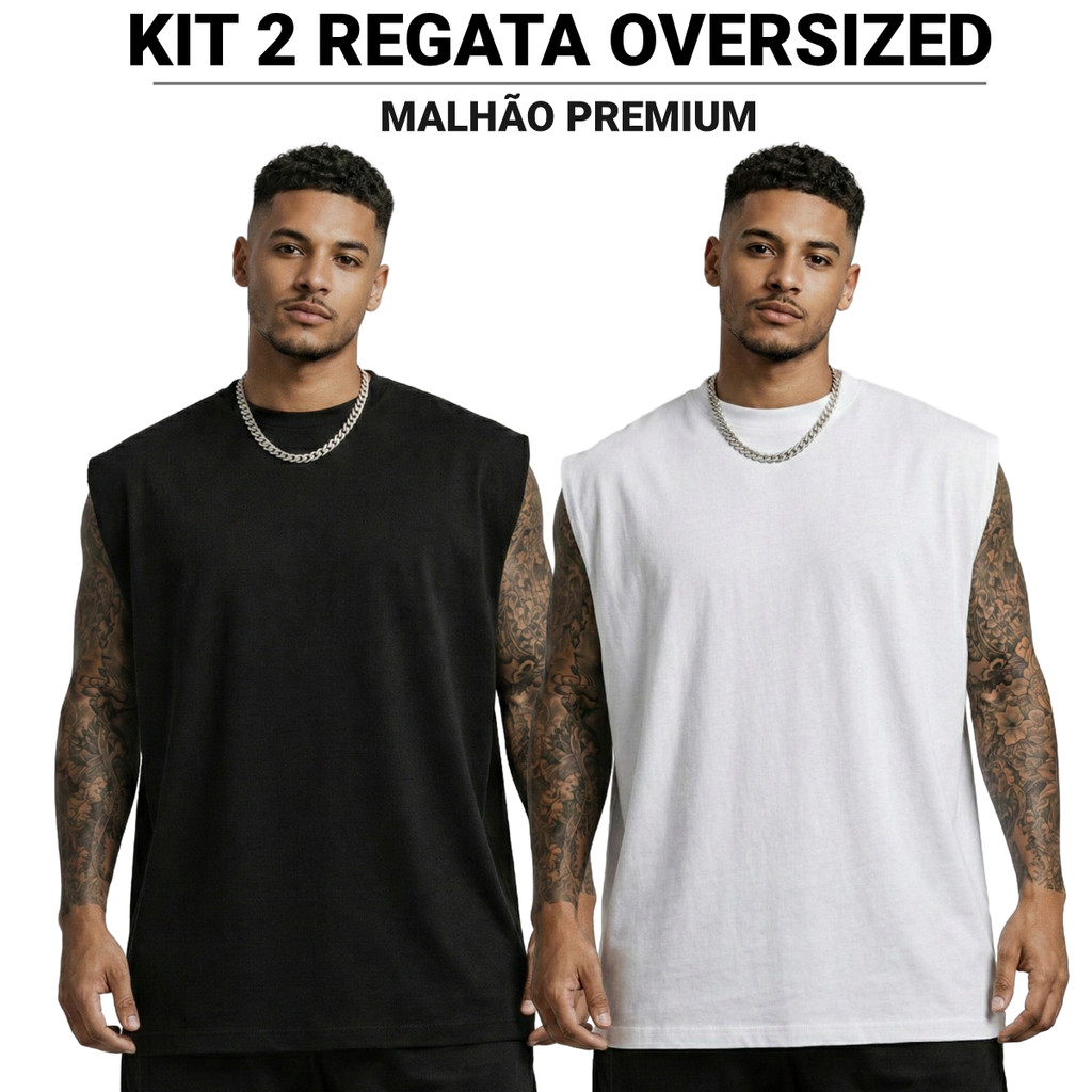 KIT 2 ou 1 Camiseta Regata Oversized Masculina Malha Premium Básica Lisa Academia Machão e Treino