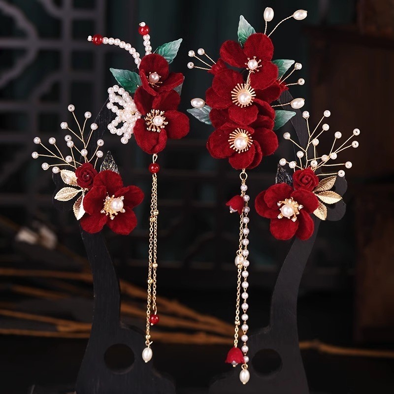 Antigo Hanfu cocar vermelho borla veludo laço clipe acessórios para o cabelo nupcial cocar pérola simples All-Match gram