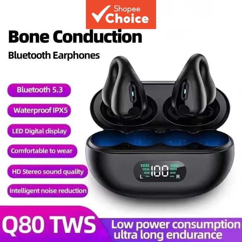 Fones de ouvido Q80 Condução óssea sem fio Bluetooth 5.3 com clipe de orelha LED estéreo HIFI esportivos com microfone