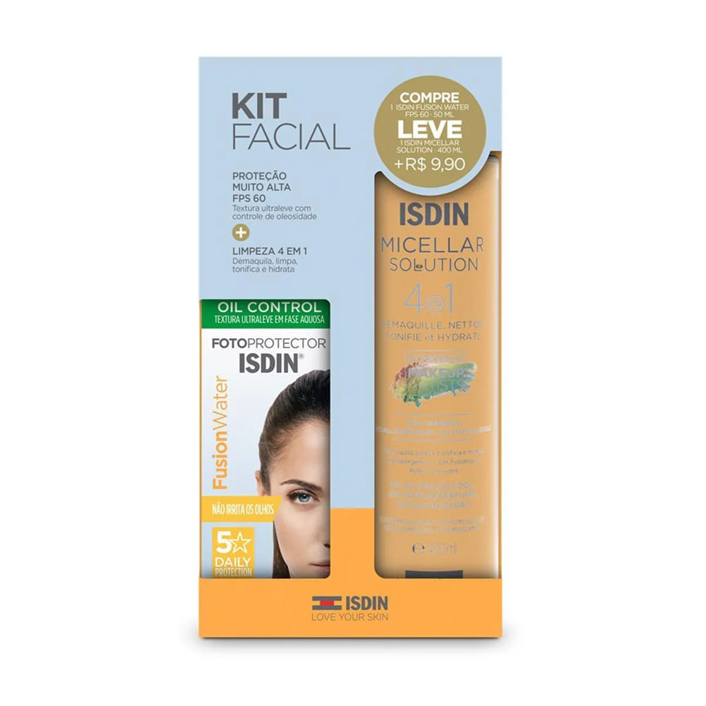 Kit Facial Protetor Solar Fusion Water + Água Micelar 4 em 1 Isdin Fusion Water 50ml+400ml